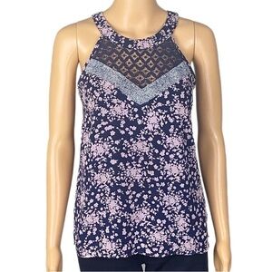 SKIES ARE BLUE navy and pink abstract floral tank top w/lace detail. Small. EUC